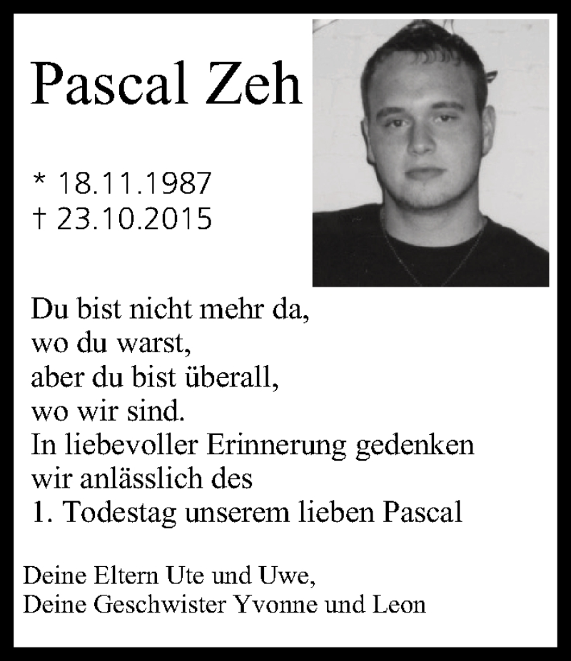 Traueranzeige für Pascal Zeh vom 22.10.2016 aus MGO