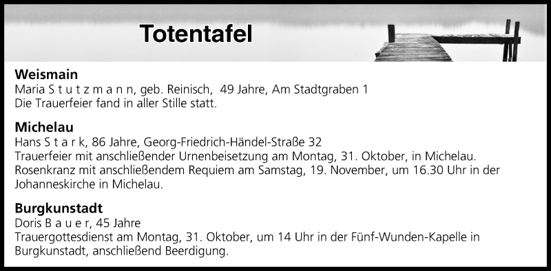  Traueranzeige für Totentafel vom 29.10.2016 vom 29.10.2016 aus MGO