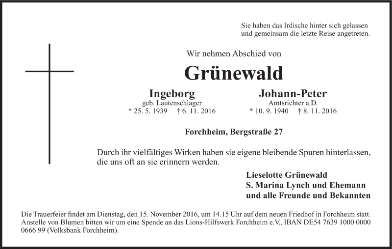  Traueranzeige für Ingeborg Grünewald vom 12.11.2016 aus MGO