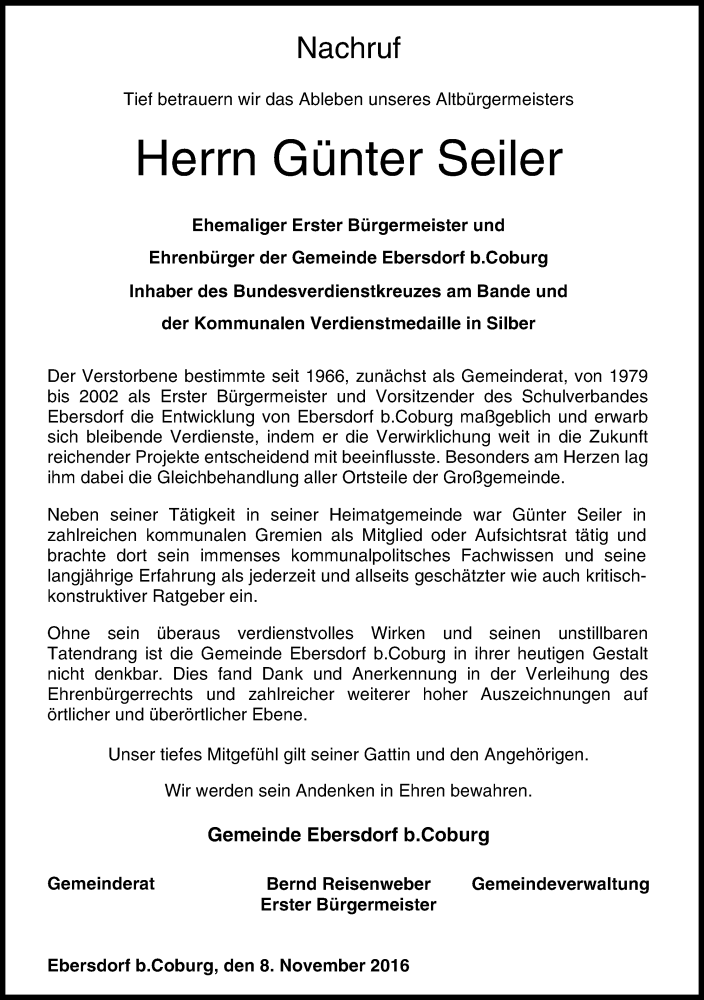  Traueranzeige für Günter Seiler vom 08.11.2016 aus MGO