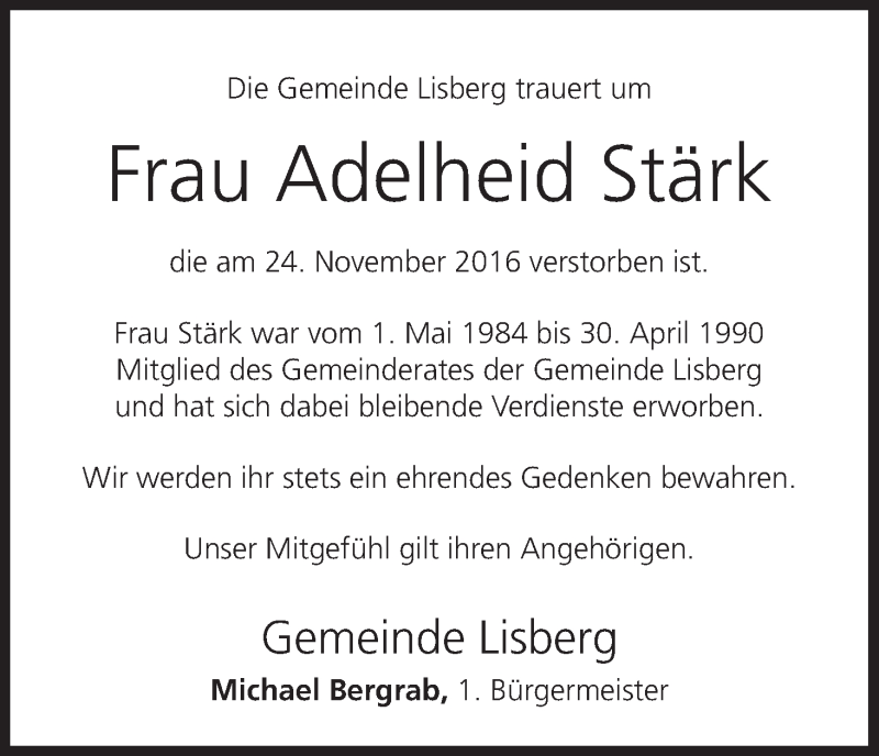  Traueranzeige für Adelheid Stärk vom 29.11.2016 aus MGO