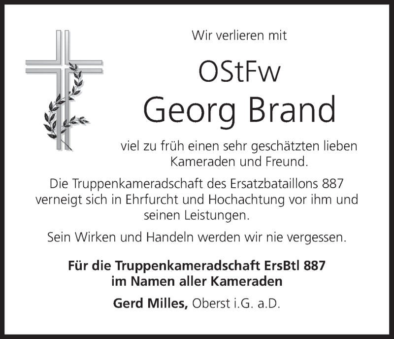  Traueranzeige für Georg Brand vom 29.11.2016 aus MGO