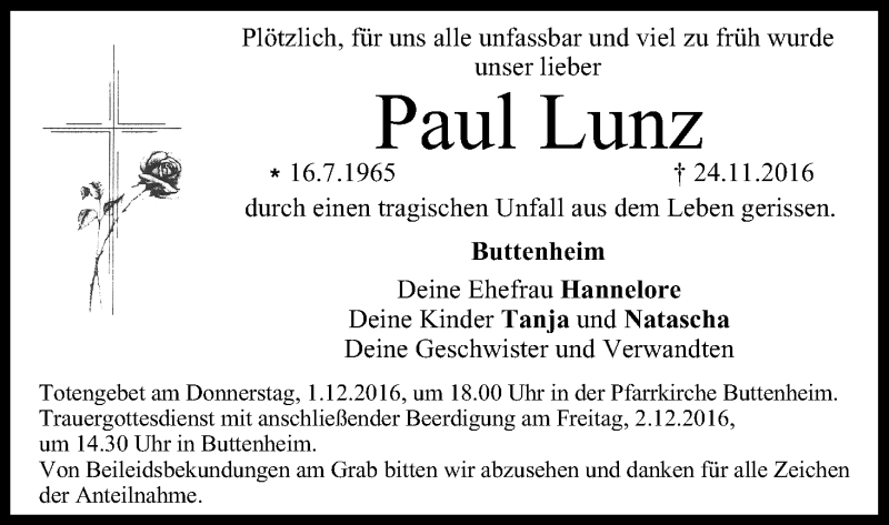  Traueranzeige für Paul Lunz vom 29.11.2016 aus MGO