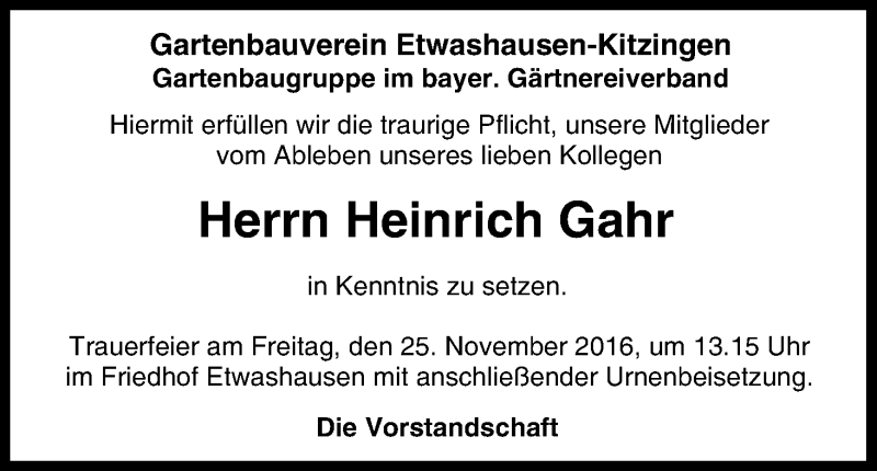  Traueranzeige für Heinrich Gahr vom 24.11.2016 aus MGO