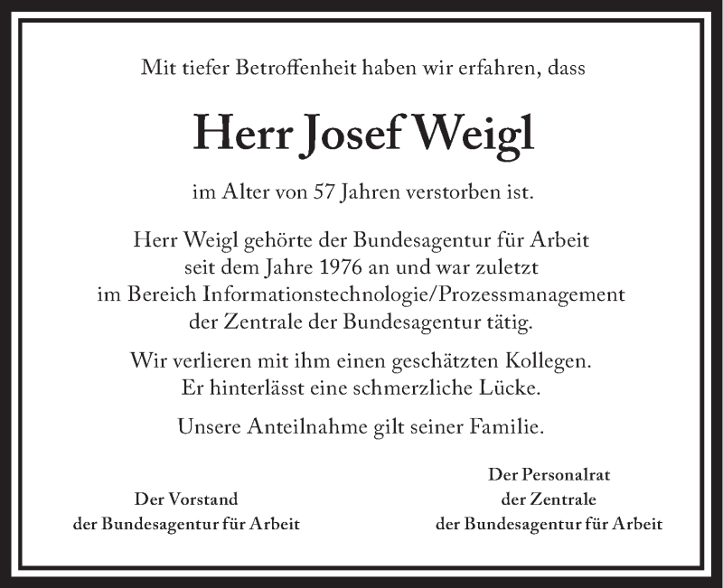  Traueranzeige für Josef Weigl vom 25.11.2016 aus MGO