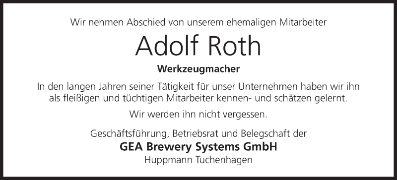 Traueranzeige für Adolf Roth vom 15.11.2016 aus MGO