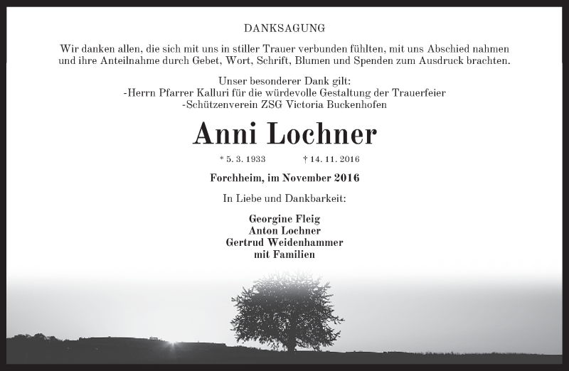  Traueranzeige für Anni Lochner vom 26.11.2016 aus MGO