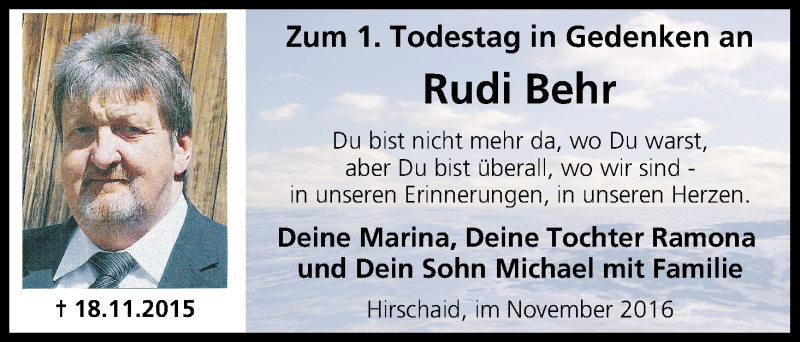  Traueranzeige für Rudi Behr vom 18.11.2016 aus MGO