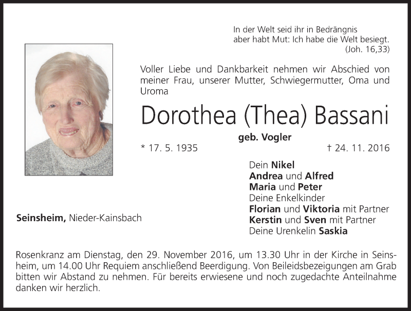  Traueranzeige für Dorothea Bassani vom 26.11.2016 aus MGO