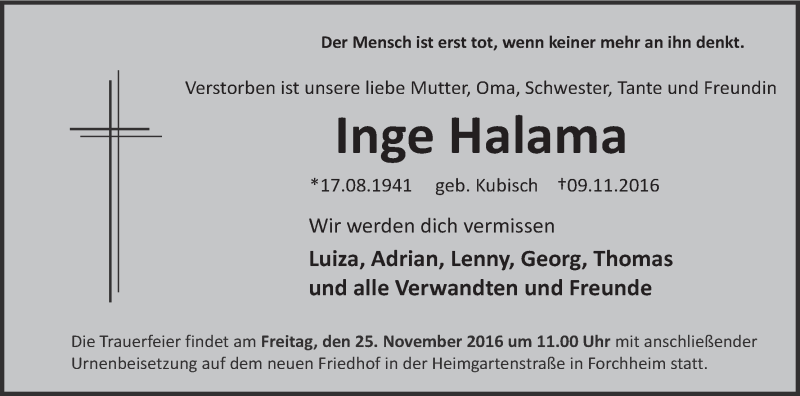  Traueranzeige für Inge Halama vom 19.11.2016 aus MGO