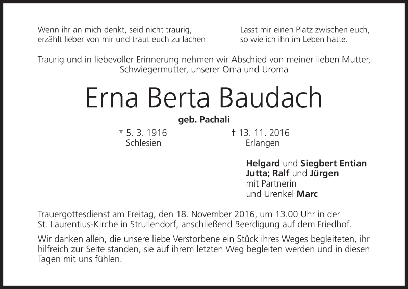  Traueranzeige für Erna Berta Baudach vom 16.11.2016 aus MGO