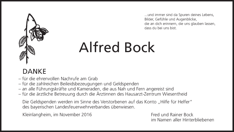  Traueranzeige für Alfred Bock vom 26.11.2016 aus MGO