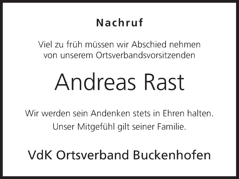  Traueranzeige für Andreas Rast vom 19.11.2016 aus MGO
