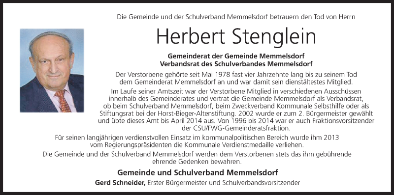  Traueranzeige für Herbert Stenglein vom 22.11.2016 aus MGO