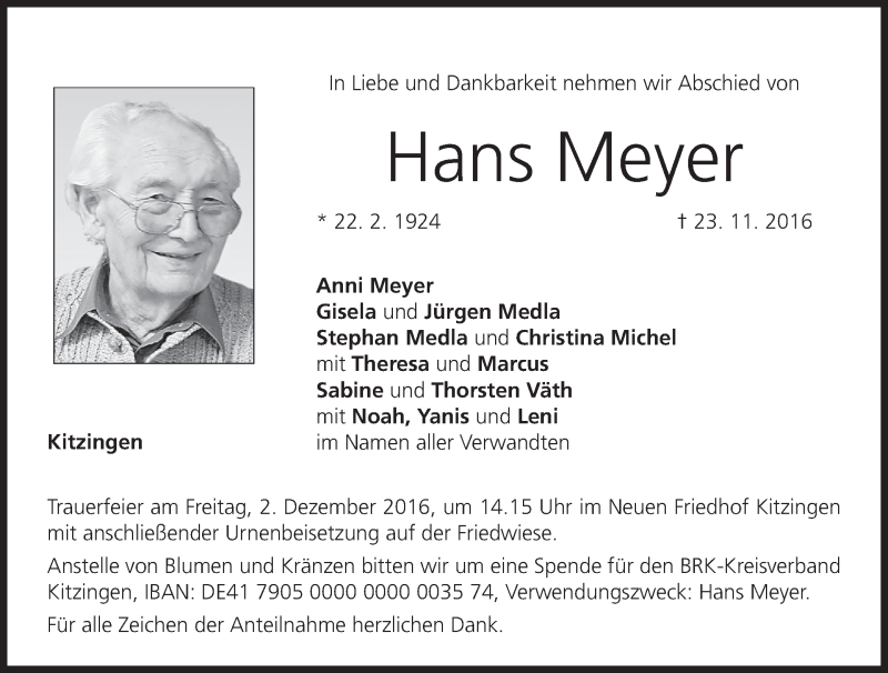  Traueranzeige für Hans Meyer vom 30.11.2016 aus MGO