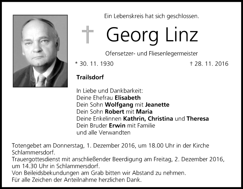  Traueranzeige für Georg Linz vom 30.11.2016 aus MGO