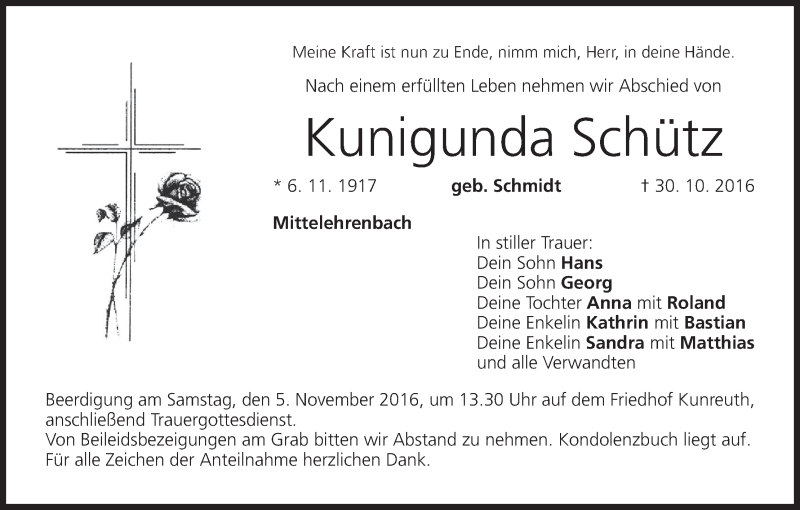  Traueranzeige für Kunigunda Schütz vom 03.11.2016 aus MGO