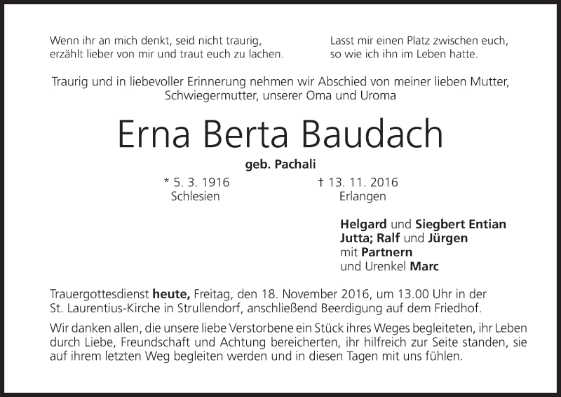  Traueranzeige für Erna Berta Baudach vom 18.11.2016 aus MGO