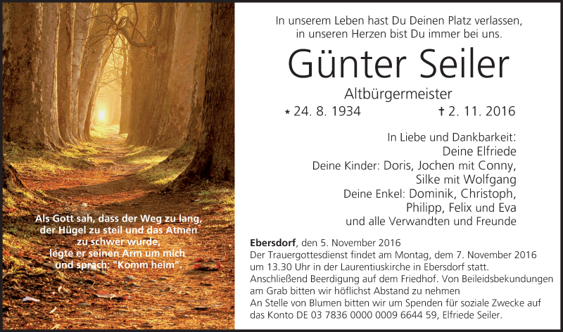 Traueranzeige für Günter Seiler vom 05.11.2016 aus MGO