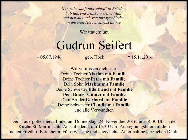  Traueranzeige für Gudrun Seifert vom 22.11.2016 aus MGO