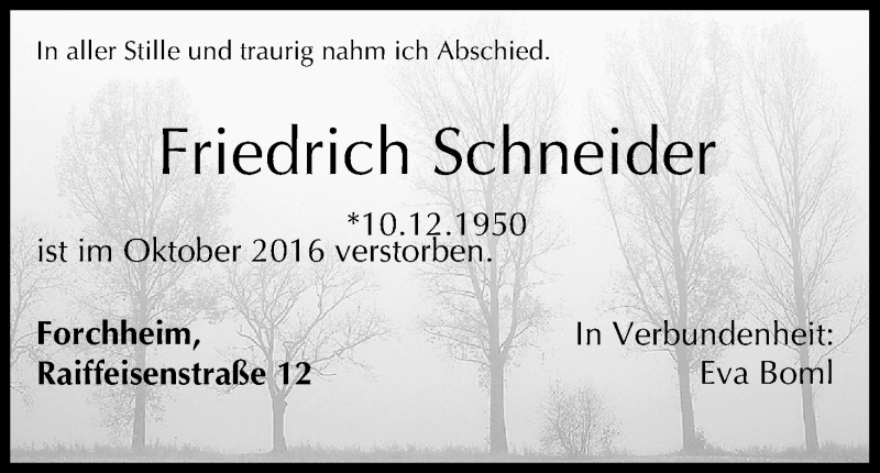  Traueranzeige für Friedrich Schneider vom 08.11.2016 aus MGO