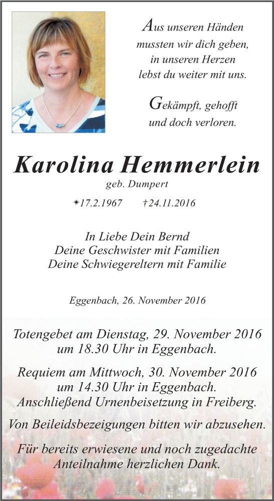  Traueranzeige für Karolina Hemmerlein vom 26.11.2016 aus MGO
