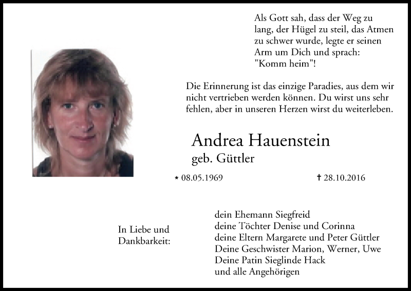  Traueranzeige für Andrea Hauenstein vom 01.11.2016 aus MGO