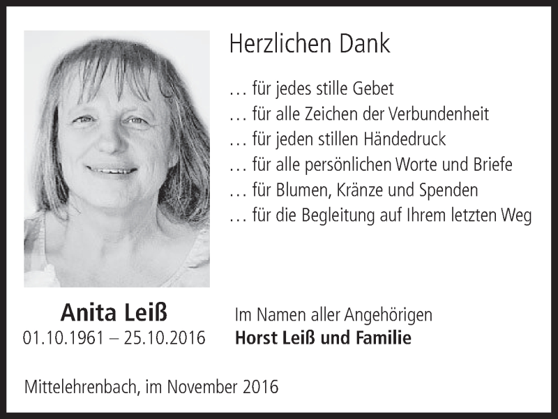  Traueranzeige für Anita Leiß vom 05.11.2016 aus MGO