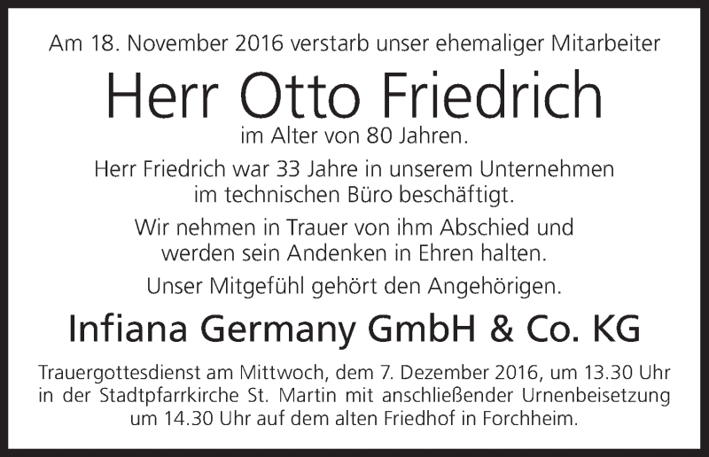  Traueranzeige für Otto Friedrich vom 29.11.2016 aus MGO