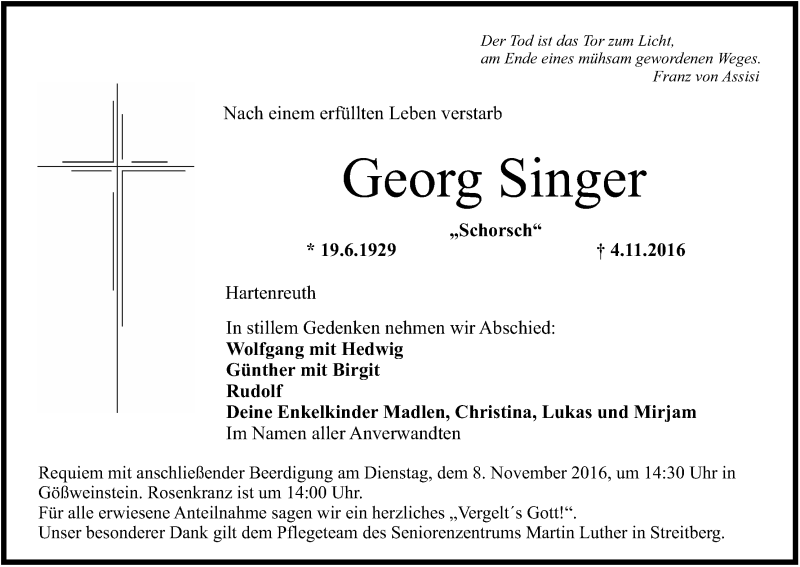  Traueranzeige für Georg Singer vom 07.11.2016 aus MGO