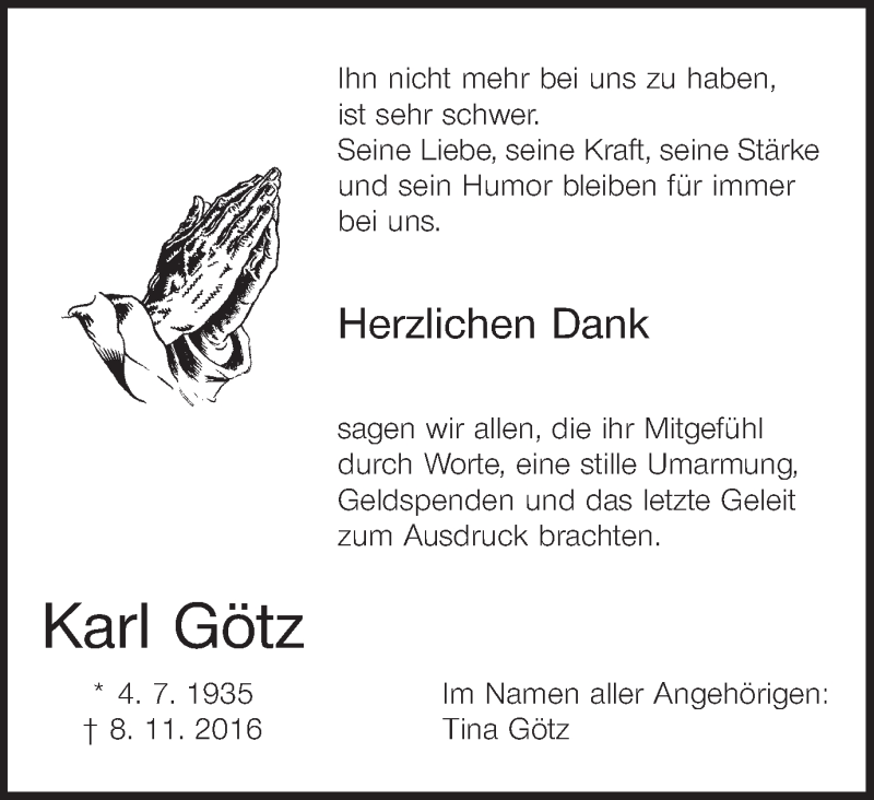  Traueranzeige für Karl Götz vom 19.11.2016 aus MGO
