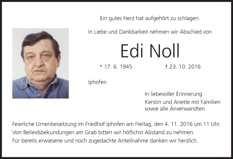  Traueranzeige für Edi Noll vom 02.11.2016 aus MGO