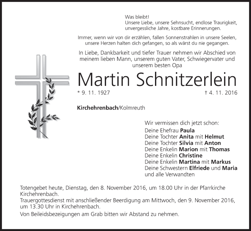  Traueranzeige für Martin Schnitzerlein vom 08.11.2016 aus MGO