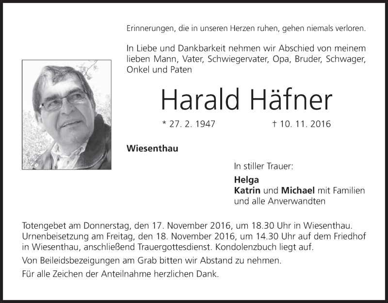  Traueranzeige für Harald Häfner vom 15.11.2016 aus MGO