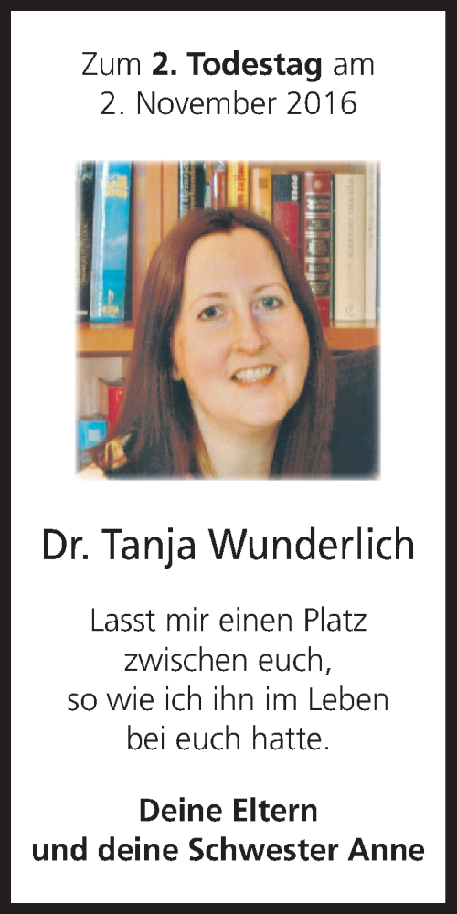  Traueranzeige für Dr. Tanja Wunderlich vom 01.11.2016 aus MGO