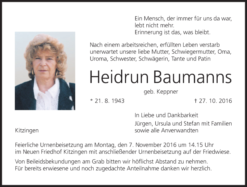  Traueranzeige für Heidrun Baumanns vom 04.11.2016 aus MGO