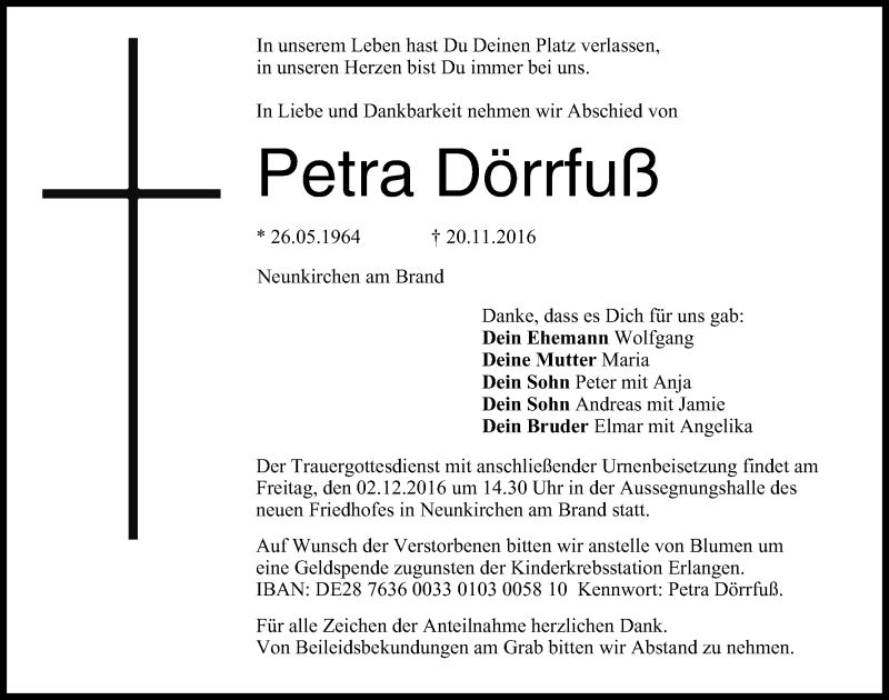 Traueranzeige für Petra Dörrfuß vom 30.11.2016 aus MGO