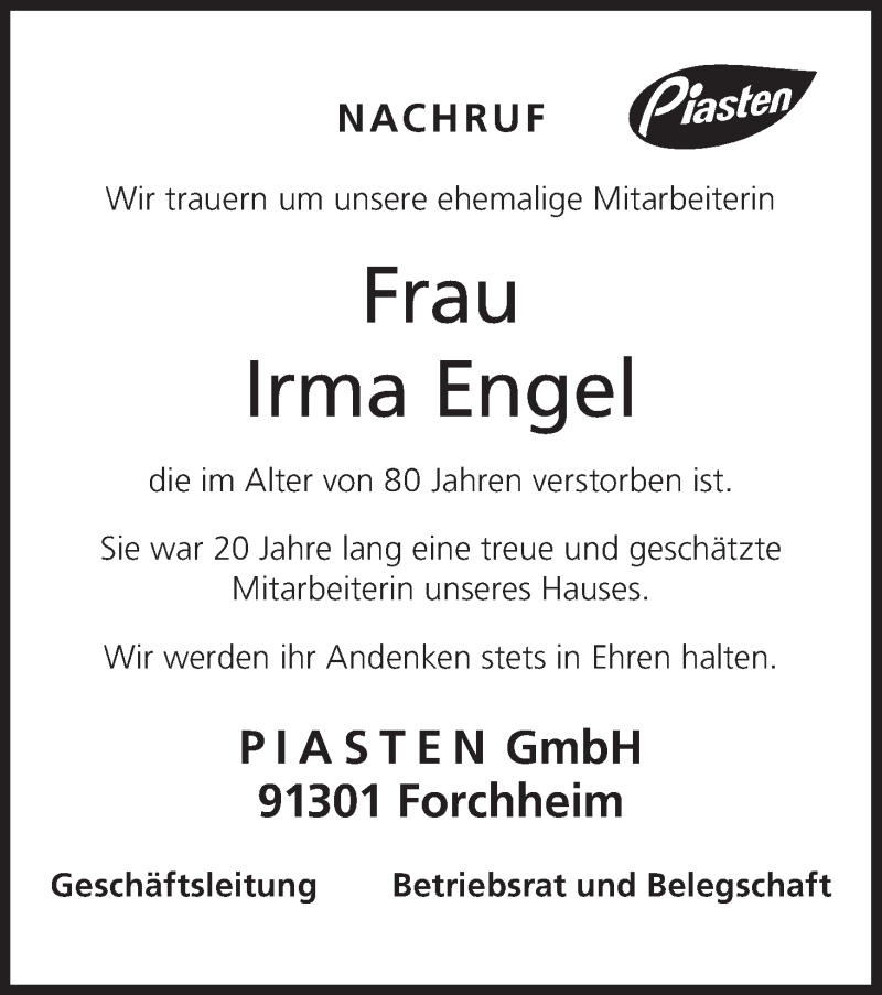  Traueranzeige für Irma Engel vom 09.11.2016 aus MGO