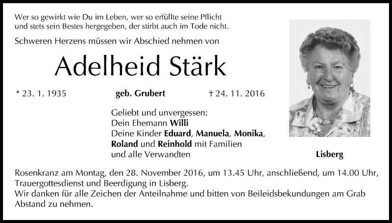  Traueranzeige für Adelheid Stärk vom 26.11.2016 aus MGO