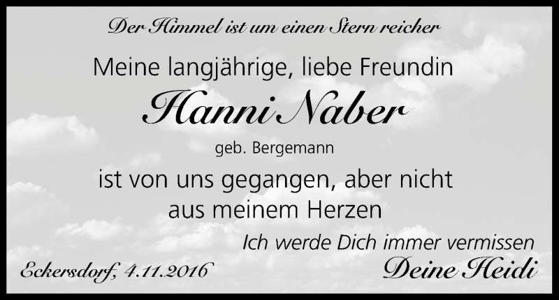  Traueranzeige für Hanni Naber vom 11.11.2016 aus MGO