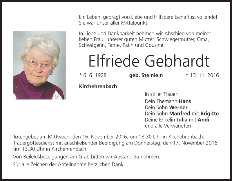  Traueranzeige für Elfriede Gebhardt vom 15.11.2016 aus MGO