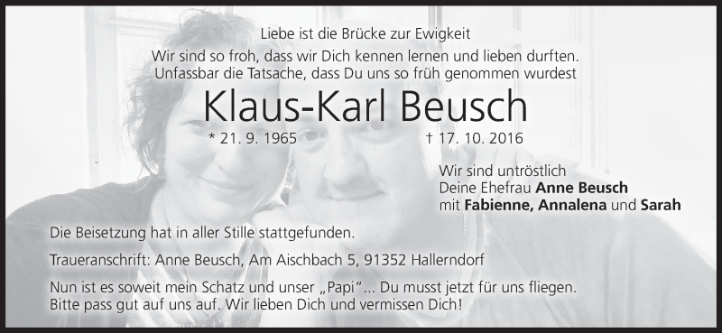  Traueranzeige für Klaus-Karl Beusch vom 05.11.2016 aus MGO