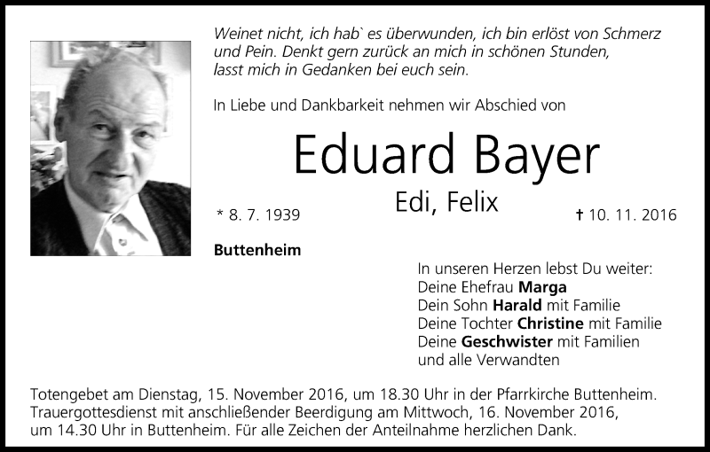  Traueranzeige für Eduard Bayer vom 12.11.2016 aus MGO