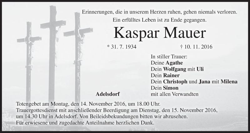  Traueranzeige für Kaspar Mauer vom 12.11.2016 aus MGO