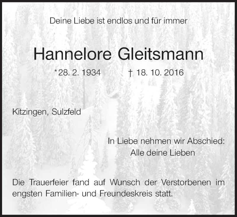  Traueranzeige für Hannelore Gleitsmann vom 05.11.2016 aus MGO