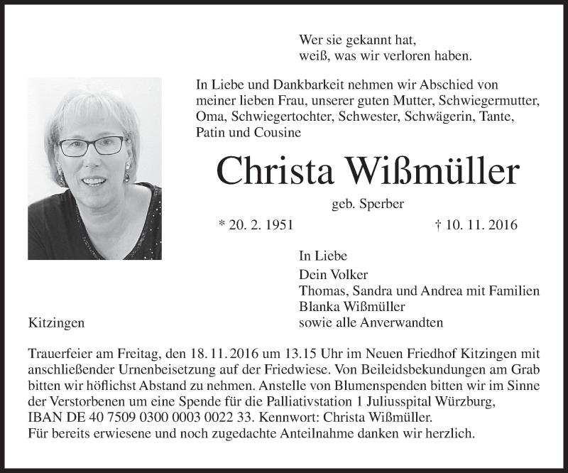  Traueranzeige für Christa Wißmüller vom 15.11.2016 aus MGO