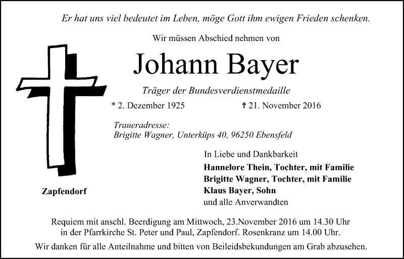  Traueranzeige für Johann Bayer vom 22.11.2016 aus MGO