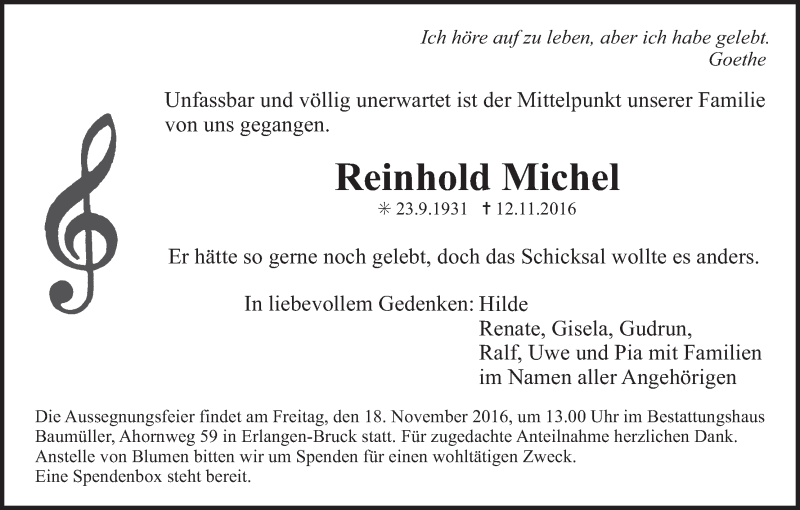  Traueranzeige für Reinhold Michel vom 15.11.2016 aus MGO