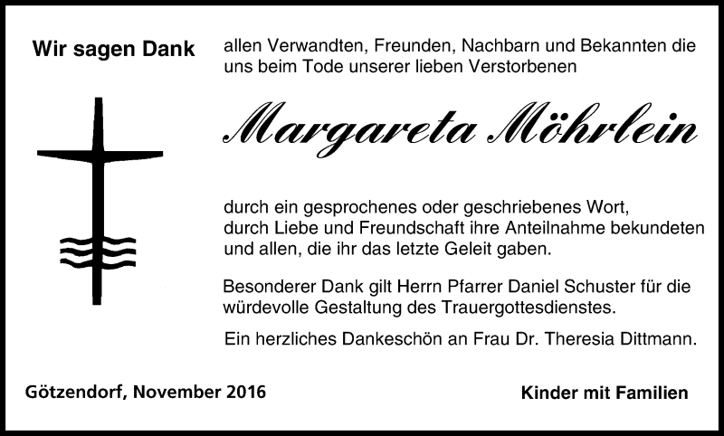 Traueranzeige für Margareta Möhrlein vom 19.11.2016 aus MGO