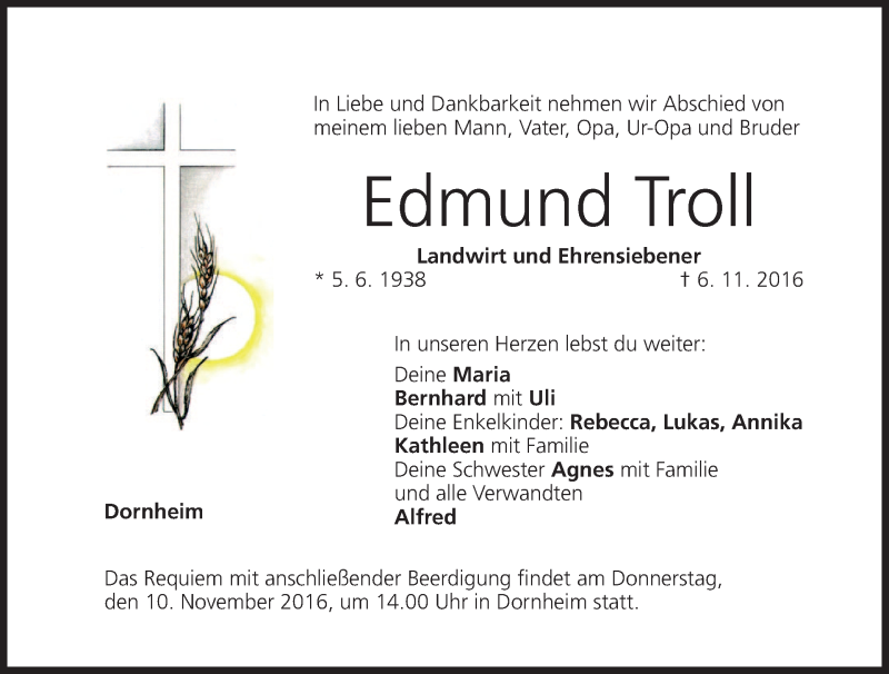  Traueranzeige für Edmund Troll vom 09.11.2016 aus MGO